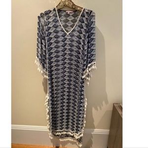 Calypso St. Barth Womens Swim Cover Up Dress Blue Elephant Sheer Pom Pom Trim XS